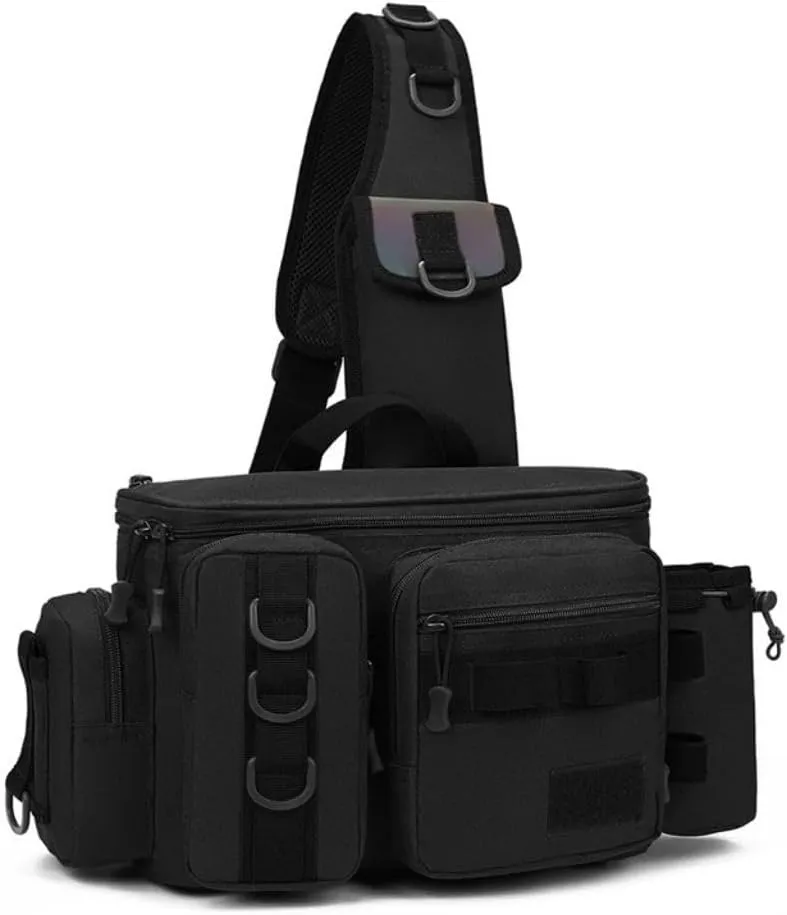 Multifunctional Fishing Tackle Bag Lightweight Waterproof Crossbody Shoulder Pack with Rod Holder for Fly Fishing, Camping, and Hiking (Black)