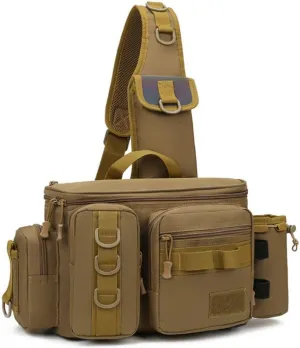 Multifunctional Fishing Tackle Bag Lightweight Waterproof Crossbody Shoulder Pack with Rod Holder for Fly Fishing, Camping, and Hiking (Khaki)