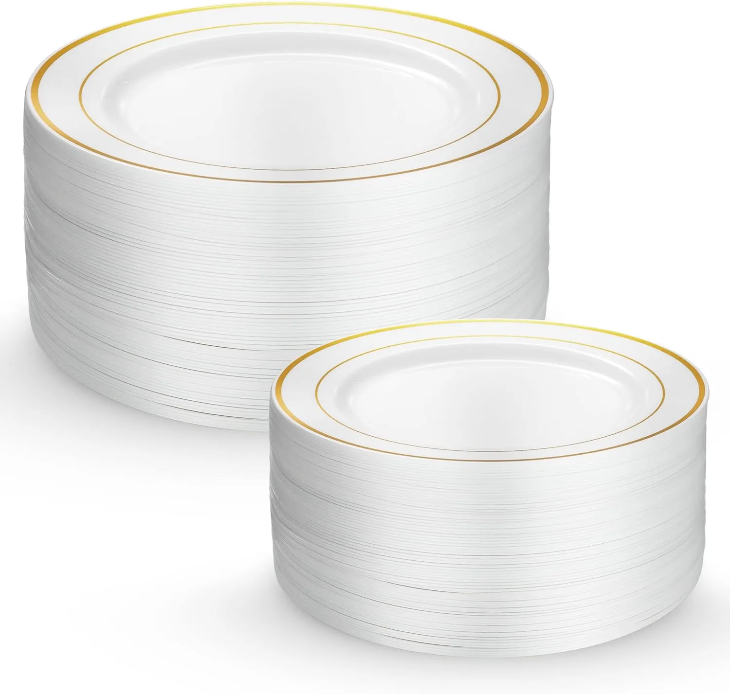 Munfix 60 Gold Plastic Plates Set, 30 Pcs 10.25 Inch Dinner and 30 Pcs 7.5 Inch Dessert Plates, Elegant Fancy Heavy Duty Disposable Plates for Party, Wedding, White with Gold Rim