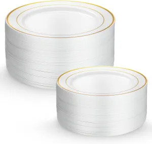 Munfix 60 Gold Plastic Plates Set, 30 Pcs 10.25 Inch Dinner and 30 Pcs 7.5 Inch Dessert Plates, Elegant Fancy Heavy Duty Disposable Plates for Party, Wedding, White with Gold Rim