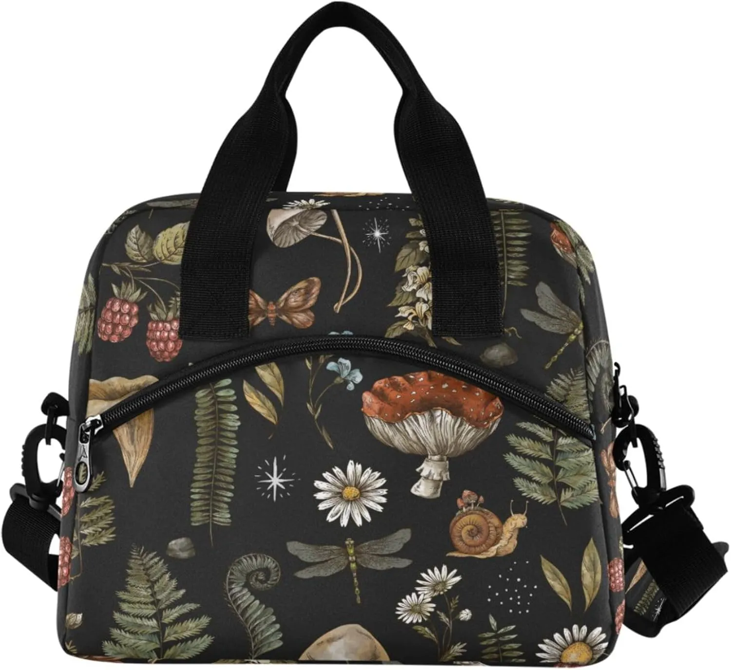 Mushrooms Insulated Lunch Bag, Vintage Flower Butterfly Dragonfly Reusable Cooler Lunch Tote Box with Shoulder Strap for Work Picnic School Beach