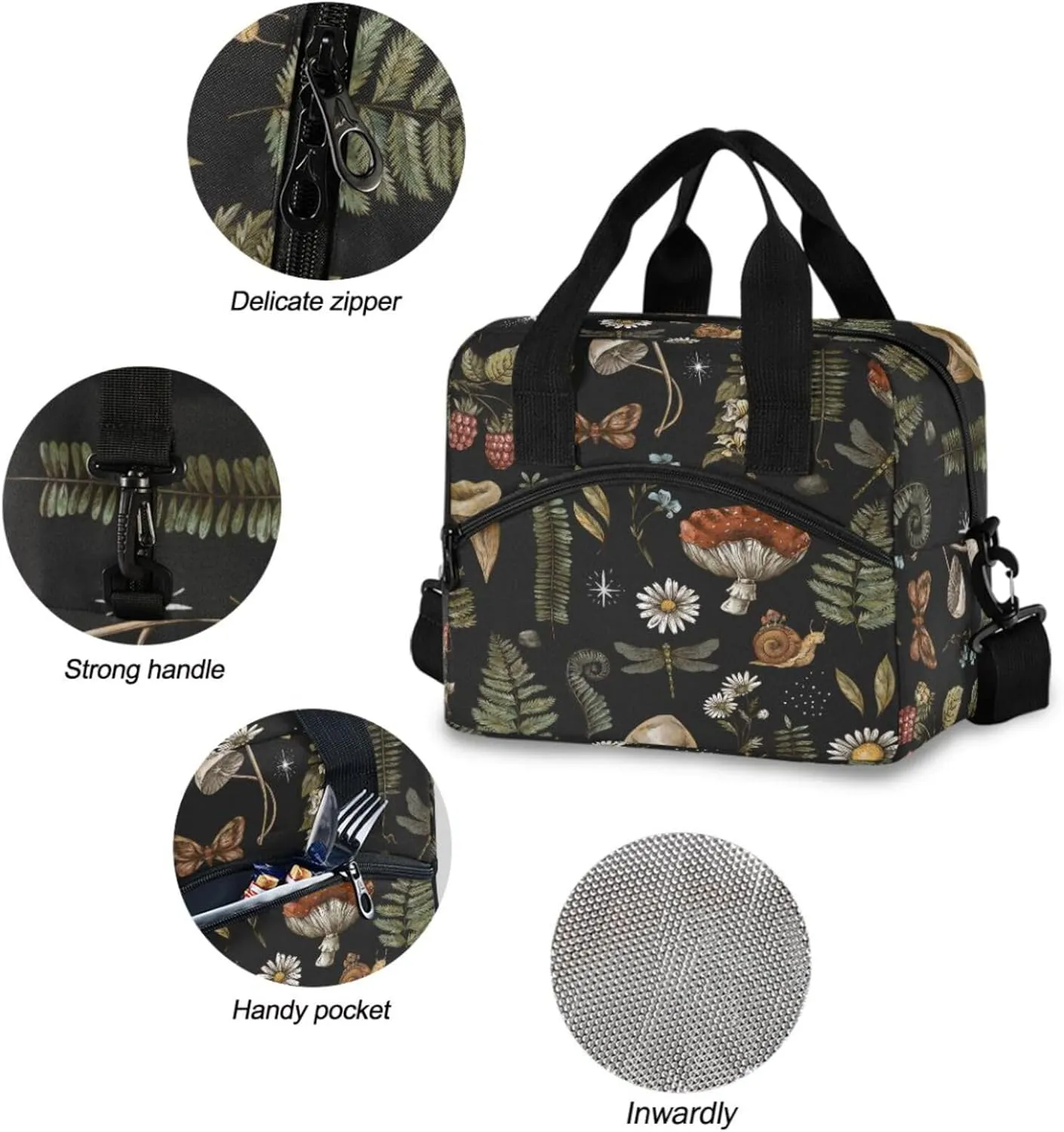Mushrooms Insulated Lunch Bag, Vintage Flower Butterfly Dragonfly Reusable Cooler Lunch Tote Box with Shoulder Strap for Work Picnic School Beach