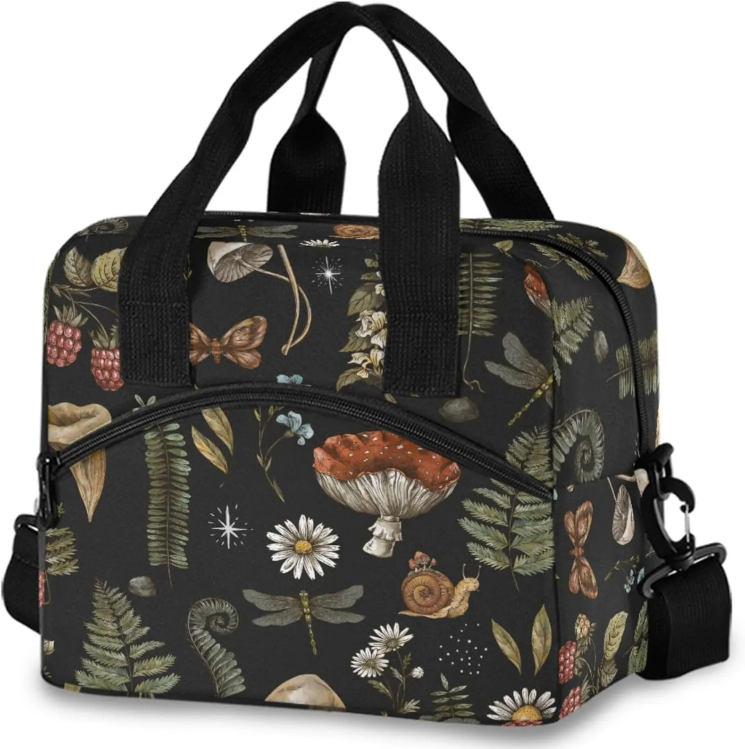 Mushrooms Insulated Lunch Bag, Vintage Flower Butterfly Dragonfly Reusable Cooler Lunch Tote Box with Shoulder Strap for Work Picnic School Beach