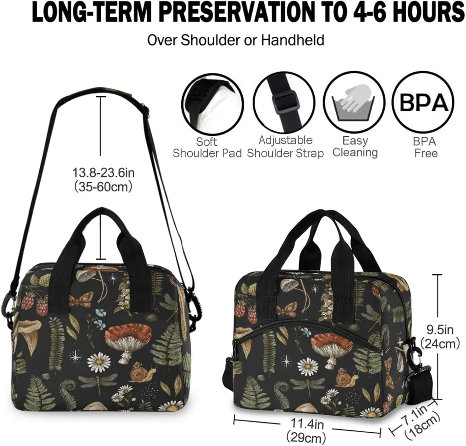 Mushrooms Insulated Lunch Bag, Vintage Flower Butterfly Dragonfly Reusable Cooler Lunch Tote Box with Shoulder Strap for Work Picnic School Beach