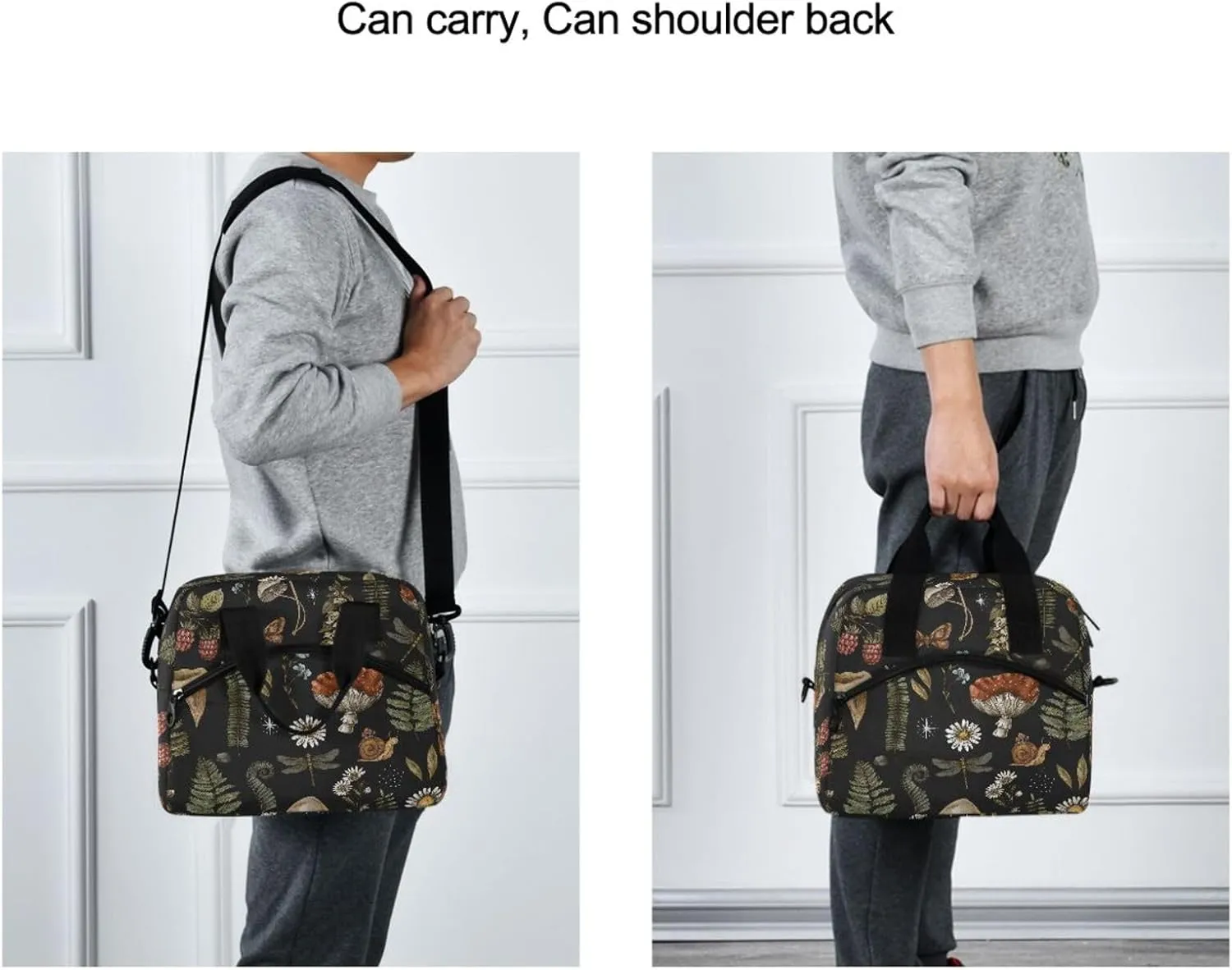 Mushrooms Insulated Lunch Bag, Vintage Flower Butterfly Dragonfly Reusable Cooler Lunch Tote Box with Shoulder Strap for Work Picnic School Beach