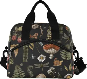 Mushrooms Insulated Lunch Bag, Vintage Flower Butterfly Dragonfly Reusable Cooler Lunch Tote Box with Shoulder Strap for Work Picnic School Beach