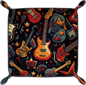 Music Electric Guitar Microfiber Leather Dice Trays Folding for RPG DND Table Games, Leather Dice Holder Storage Box Portable Folding Rolling Dice Tray, 20.5x20.5cm
