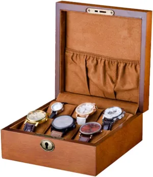 MUSUMI 6 Slot Wood Watch Box Wood Soft Flocking Lining Interior with Metal Lock Display Jewelry Collection Storage Case Organizer
