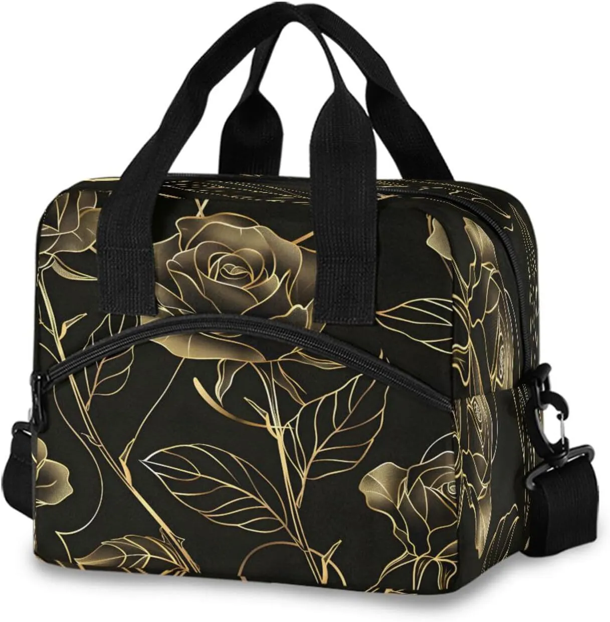 Natural Botanical Elegant Flower with Gold Line Art Lunch Box for Men Women Adults Insulated Lunch Bag Cooler Bag with Adjustable Shoulder Strap for Work Picnic Travel