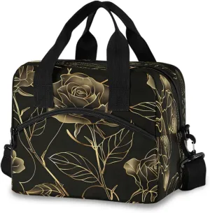 Natural Botanical Elegant Flower with Gold Line Art Lunch Box for Men Women Adults Insulated Lunch Bag Cooler Bag with Adjustable Shoulder Strap for Work Picnic Travel