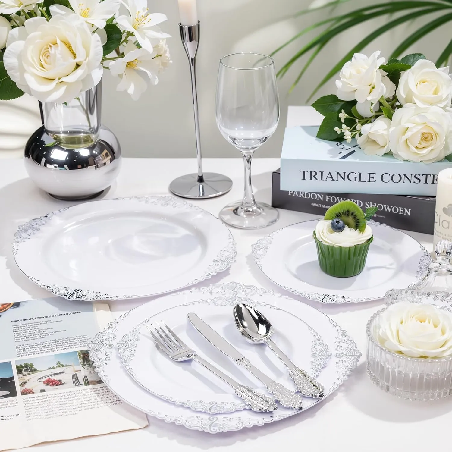 Nervure 100Pcs White and Silver Plastic Plates - 7.5 inch White Plastic Plates with Silver Rim - Disposable Dessert Plate for Wedding & Party