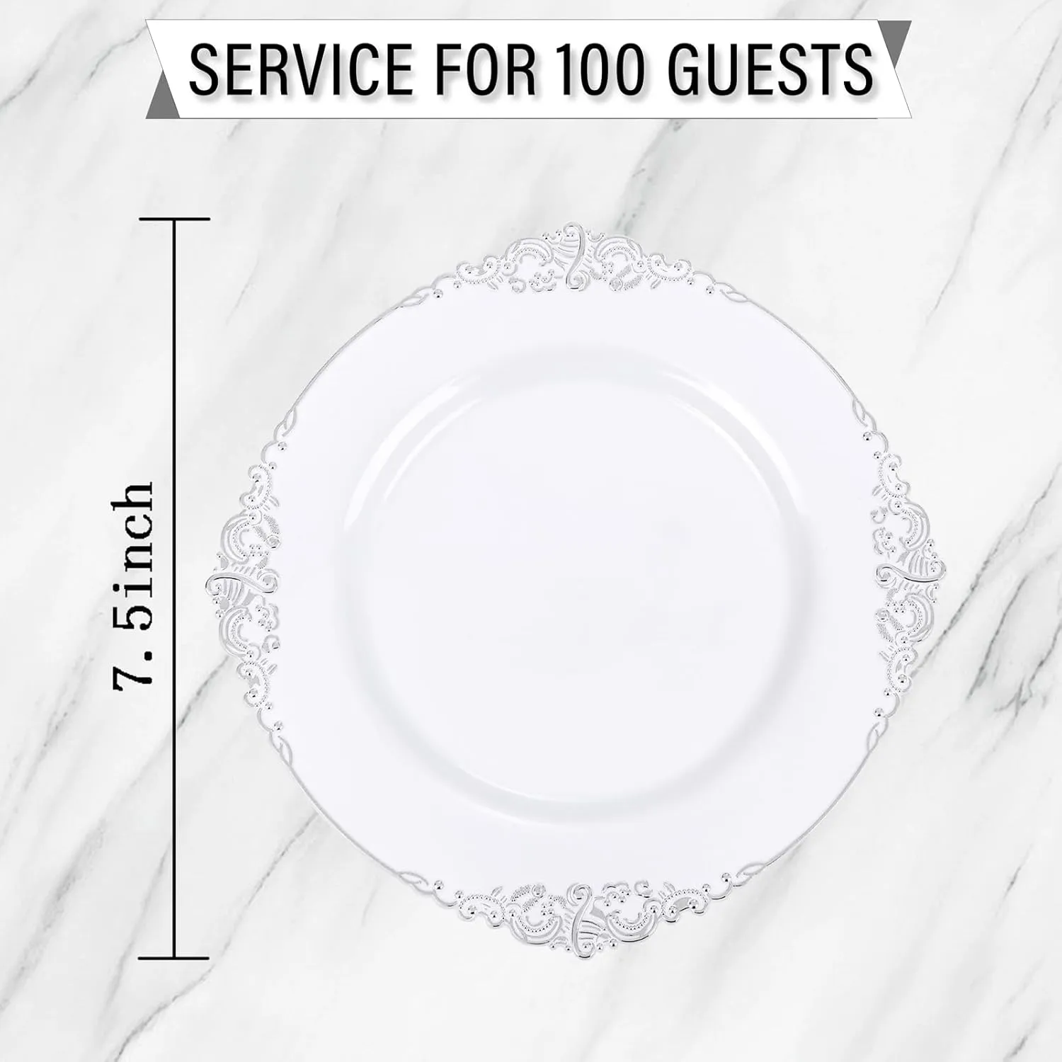 Nervure 100Pcs White and Silver Plastic Plates - 7.5 inch White Plastic Plates with Silver Rim - Disposable Dessert Plate for Wedding & Party