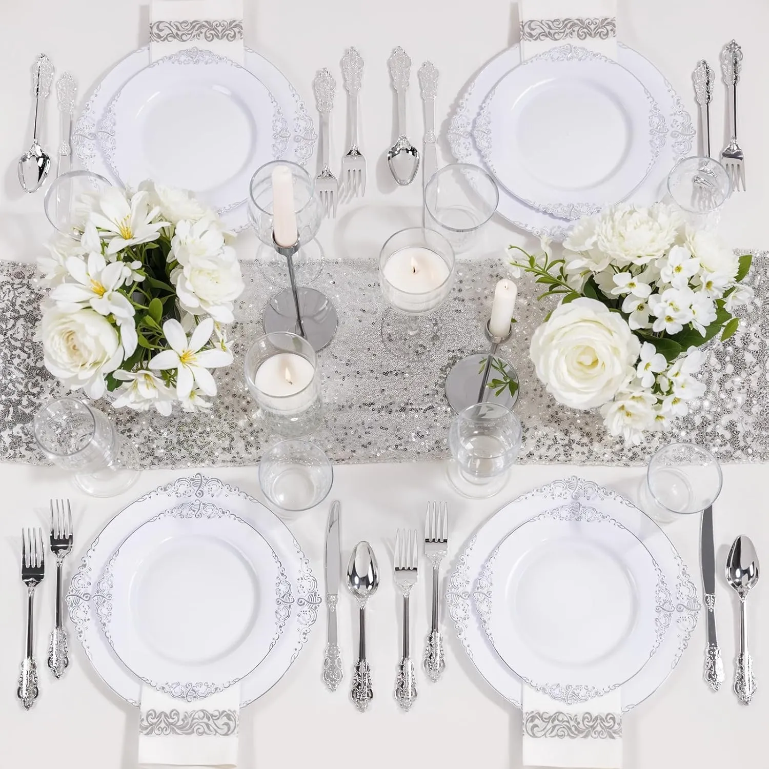 Nervure 100Pcs White and Silver Plastic Plates - 7.5 inch White Plastic Plates with Silver Rim - Disposable Dessert Plate for Wedding & Party