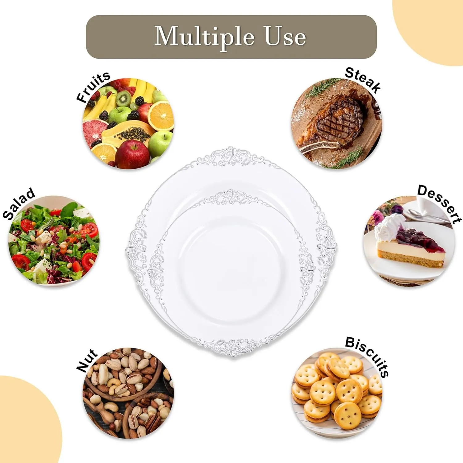 Nervure 100Pcs White and Silver Plastic Plates - 7.5 inch White Plastic Plates with Silver Rim - Disposable Dessert Plate for Wedding & Party