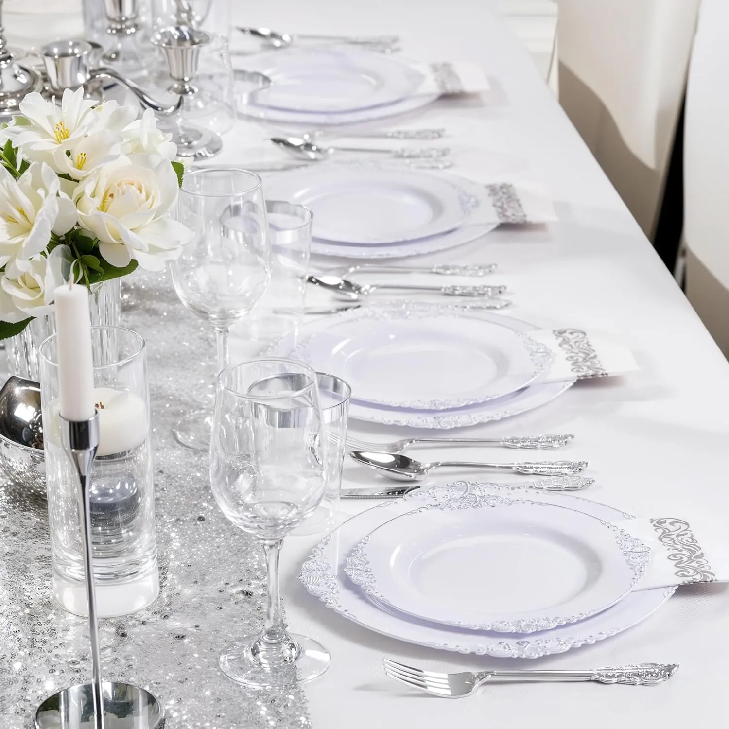 Nervure 100Pcs White and Silver Plastic Plates - 7.5 inch White Plastic Plates with Silver Rim - Disposable Dessert Plate for Wedding & Party