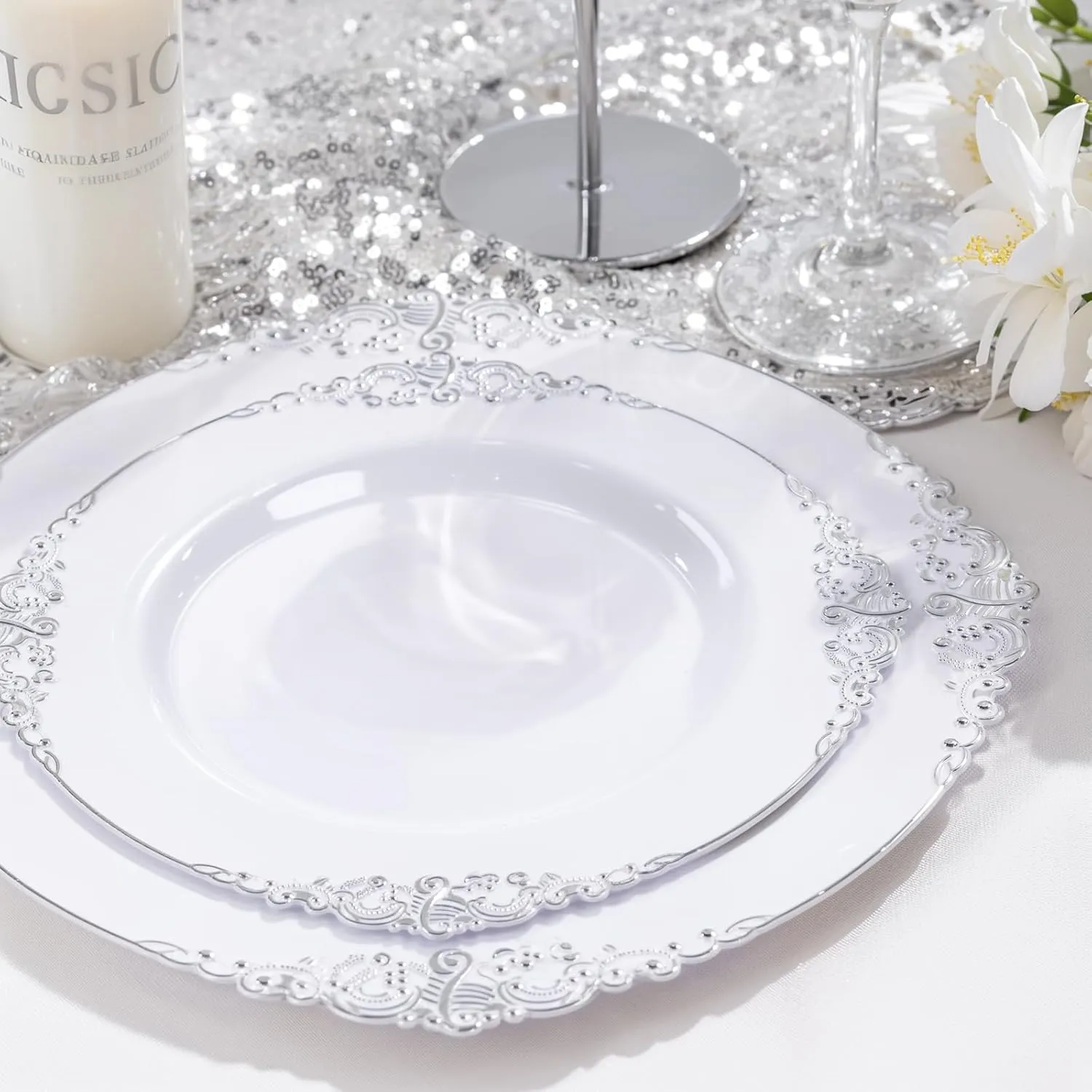 Nervure 100Pcs White and Silver Plastic Plates - 7.5 inch White Plastic Plates with Silver Rim - Disposable Dessert Plate for Wedding & Party