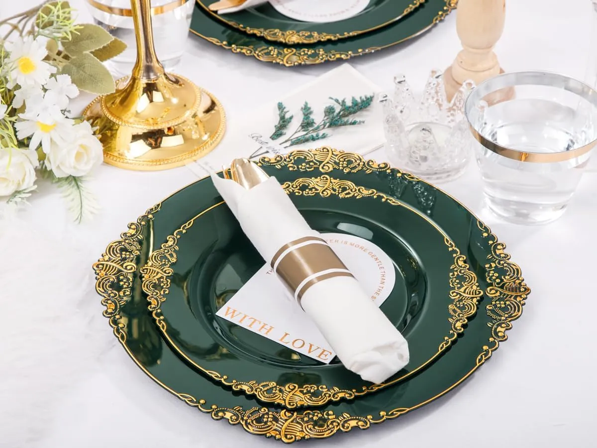 Nervure 175PCS Green Plastic Plates - Disposable Green Gold Party Plates & Pre Rolled Napkins with Cutlery for 25 Guests, 50Plates, 75Silverware, 25Cups, 25Napkin for Wedding & Party