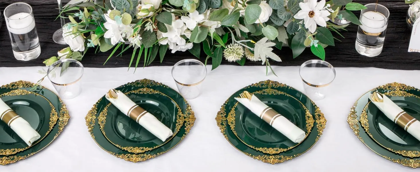 Nervure 175PCS Green Plastic Plates - Disposable Green Gold Party Plates & Pre Rolled Napkins with Cutlery for 25 Guests, 50Plates, 75Silverware, 25Cups, 25Napkin for Wedding & Party