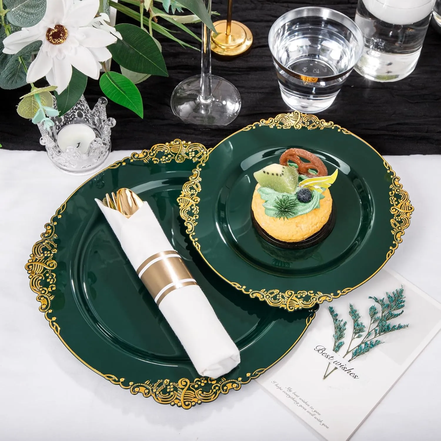 Nervure 175PCS Green Plastic Plates - Disposable Green Gold Party Plates & Pre Rolled Napkins with Cutlery for 25 Guests, 50Plates, 75Silverware, 25Cups, 25Napkin for Wedding & Party