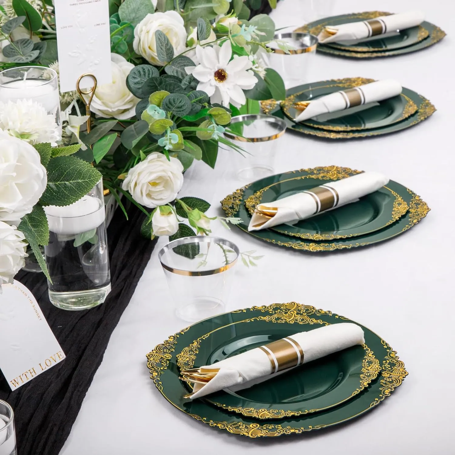 Nervure 175PCS Green Plastic Plates - Disposable Green Gold Party Plates & Pre Rolled Napkins with Cutlery for 25 Guests, 50Plates, 75Silverware, 25Cups, 25Napkin for Wedding & Party