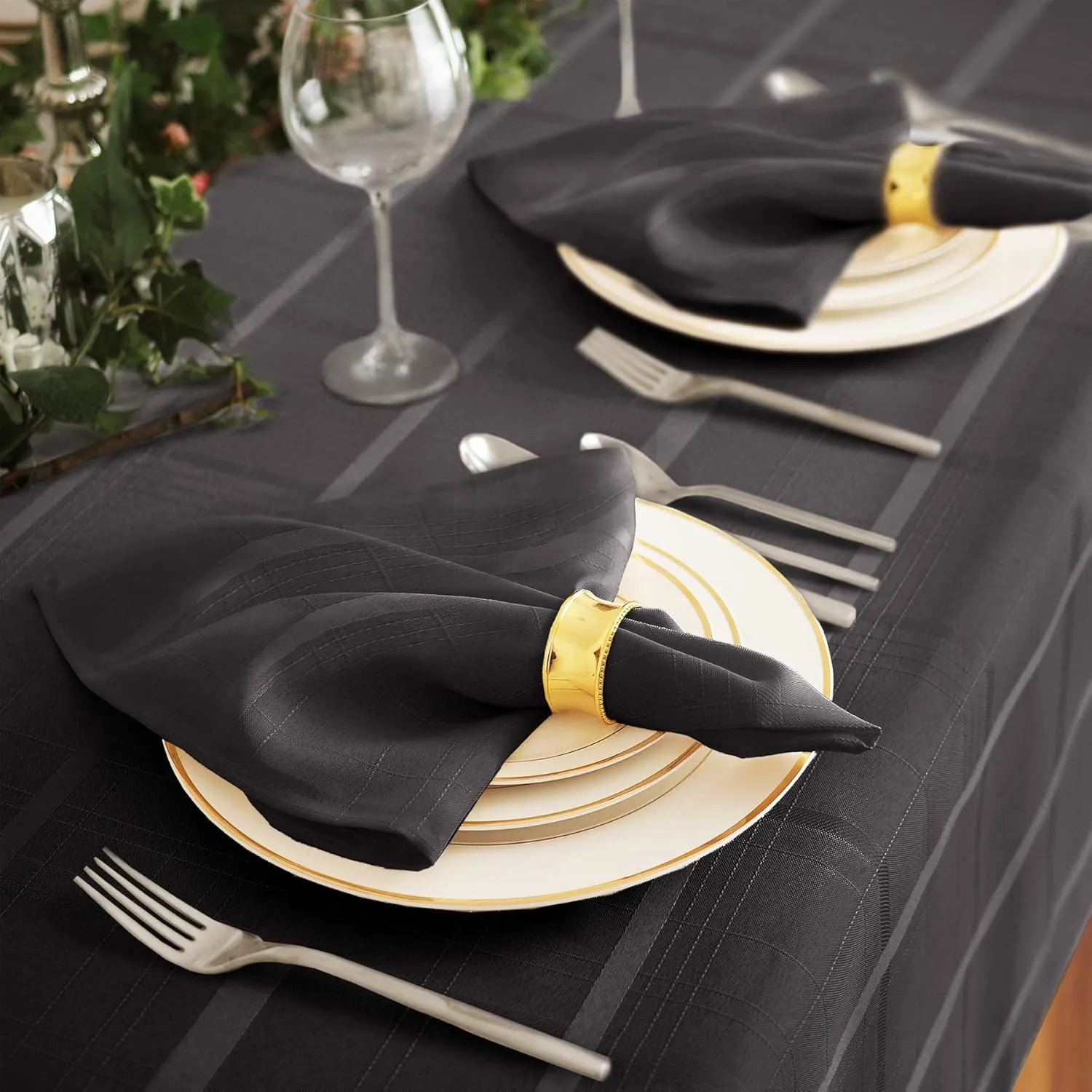 Newbridge 52 x 52 Inch Square Fabric Tablecloth, Elegance Plaid, 100% Polyester, No Iron Soil Resistant Dining Room, Party and Banquet Table Cover, Solid Textured, Black