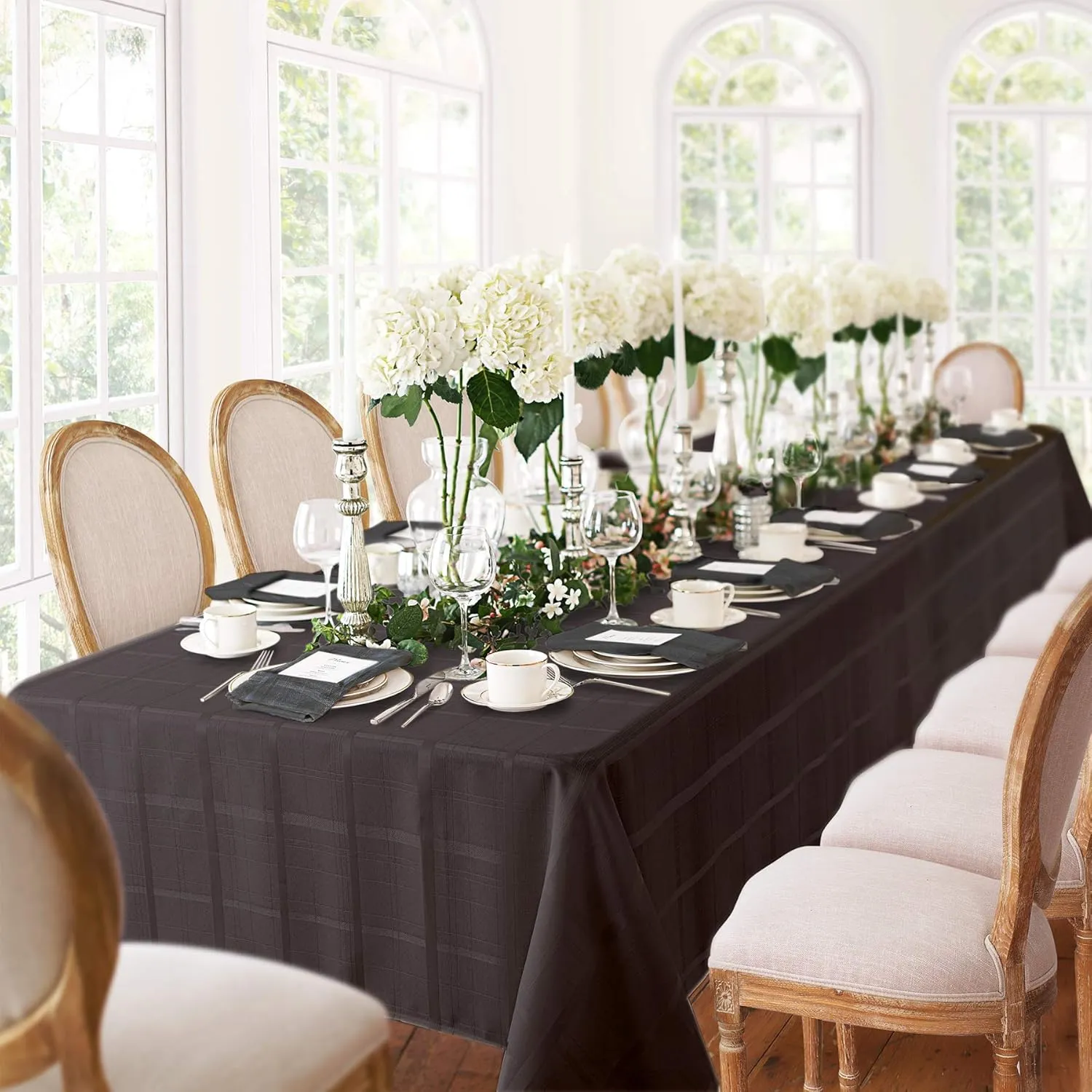 Newbridge 52 x 52 Inch Square Fabric Tablecloth, Elegance Plaid, 100% Polyester, No Iron Soil Resistant Dining Room, Party and Banquet Table Cover, Solid Textured, Black