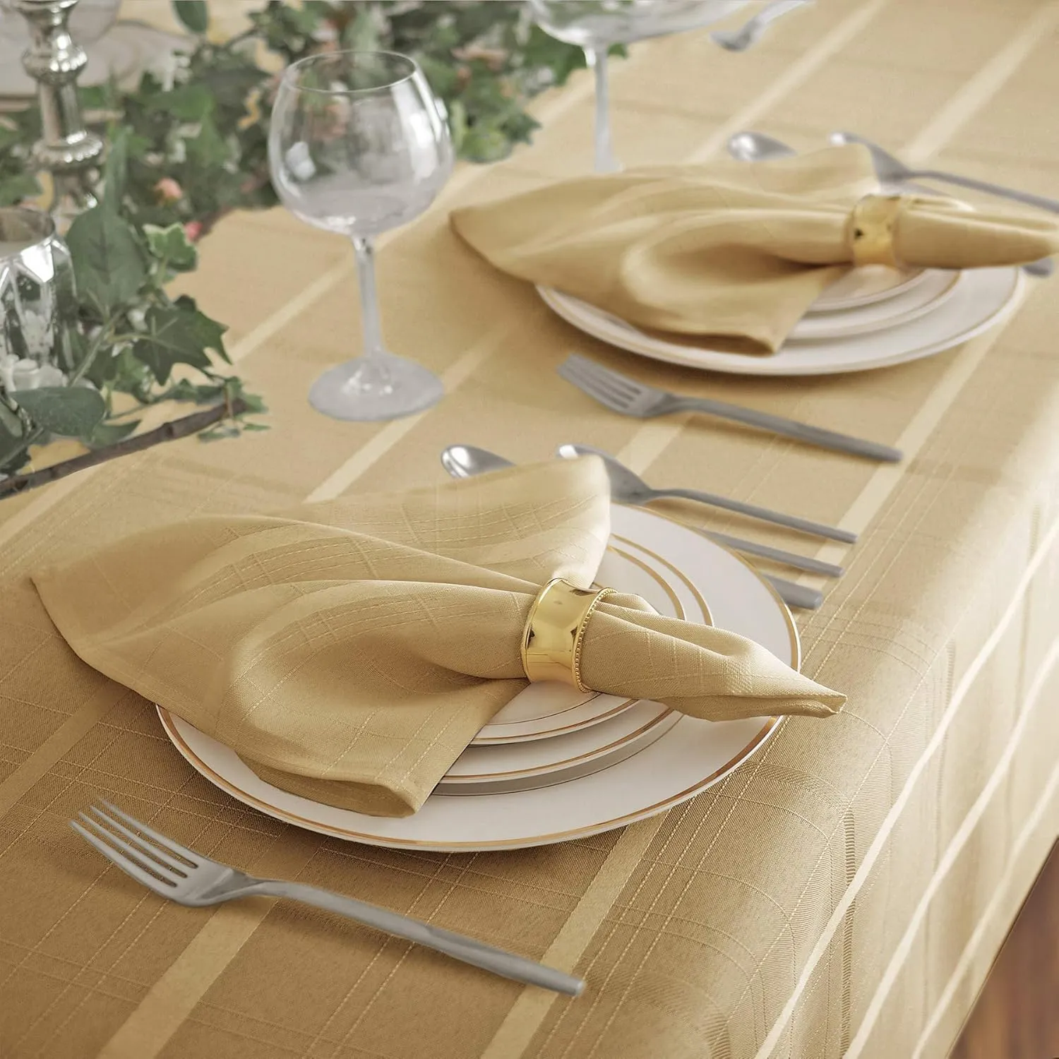 Newbridge 52 x 52 Inch Square Fabric Tablecloth, Elegance Plaid, 100% Polyester, No Iron Soil Resistant Dining Room, Party and Banquet Table Cover, Solid Textured, Ribbon Gold