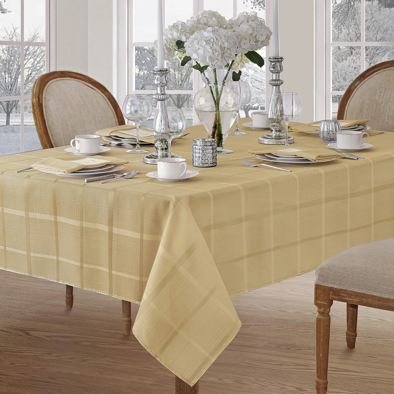 Newbridge 52 x 52 Inch Square Fabric Tablecloth, Elegance Plaid, 100% Polyester, No Iron Soil Resistant Dining Room, Party and Banquet Table Cover, Solid Textured, Ribbon Gold