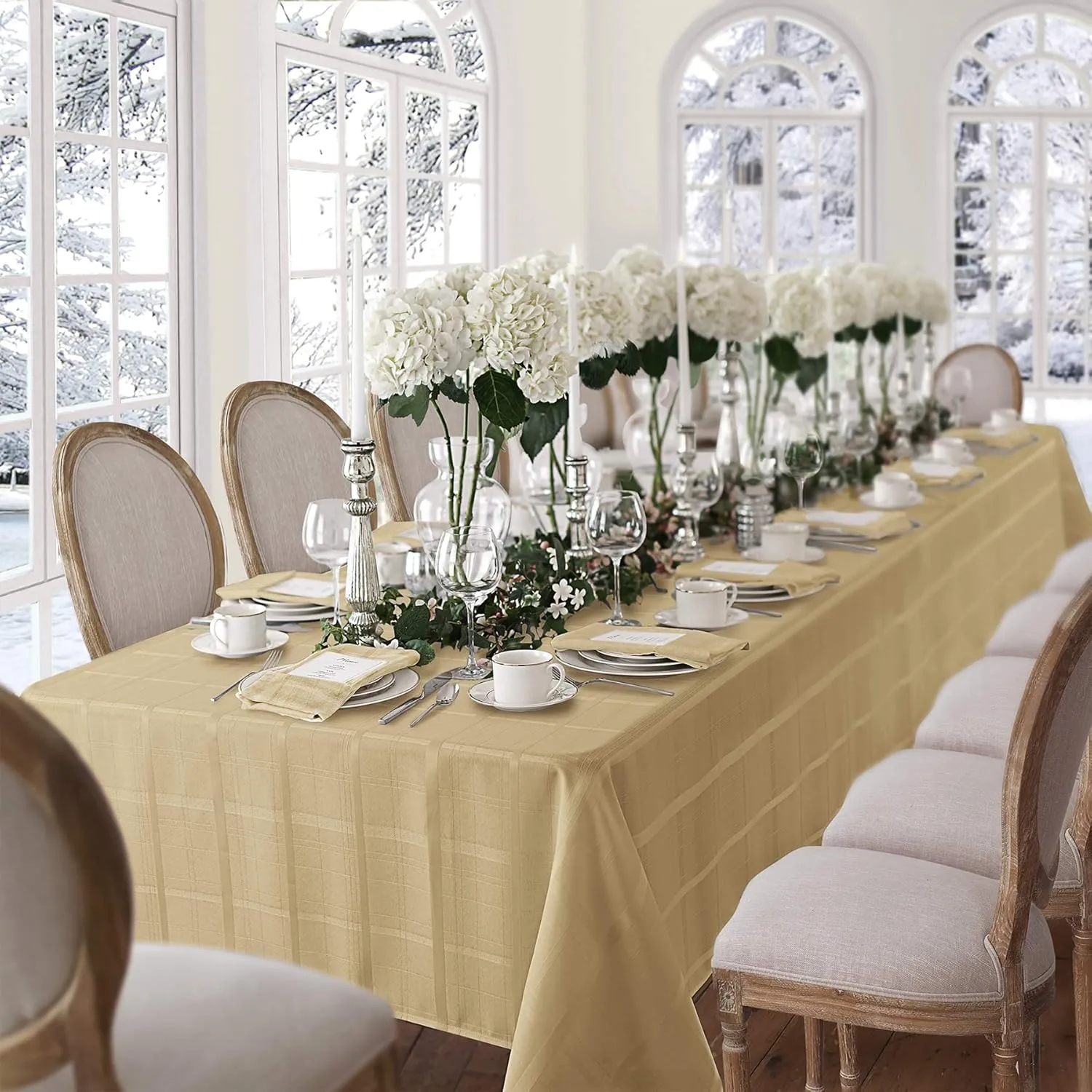 Newbridge 52 x 52 Inch Square Fabric Tablecloth, Elegance Plaid, 100% Polyester, No Iron Soil Resistant Dining Room, Party and Banquet Table Cover, Solid Textured, Ribbon Gold