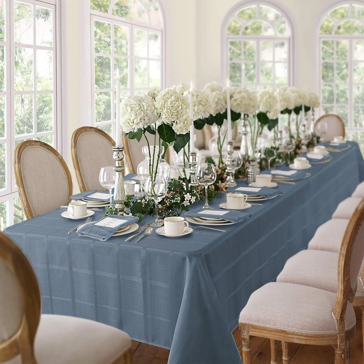 Newbridge 52 x 52 Inch Square Fabric Tablecloth, Elegance Plaid, 100% Polyester, No Iron Soil Resistant Dining Room, Party and Banquet Table Cover, Solid Textured, Shadow Blue