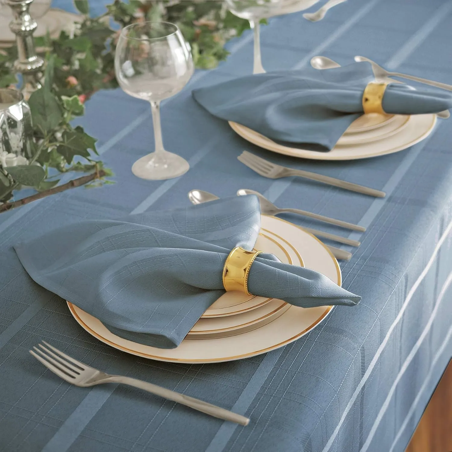 Newbridge 52 x 52 Inch Square Fabric Tablecloth, Elegance Plaid, 100% Polyester, No Iron Soil Resistant Dining Room, Party and Banquet Table Cover, Solid Textured, Shadow Blue