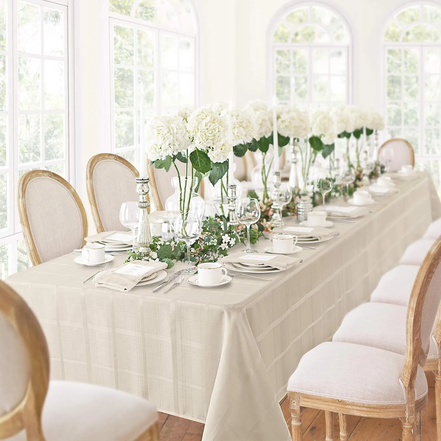 Newbridge 60 x 120 Inch Rectangle Fabric Tablecloth, Elegance Plaid, 100% Polyester, No Iron Soil Resistant Dining Room, Party and Banquet Table Cover, Solid Textured, Beige