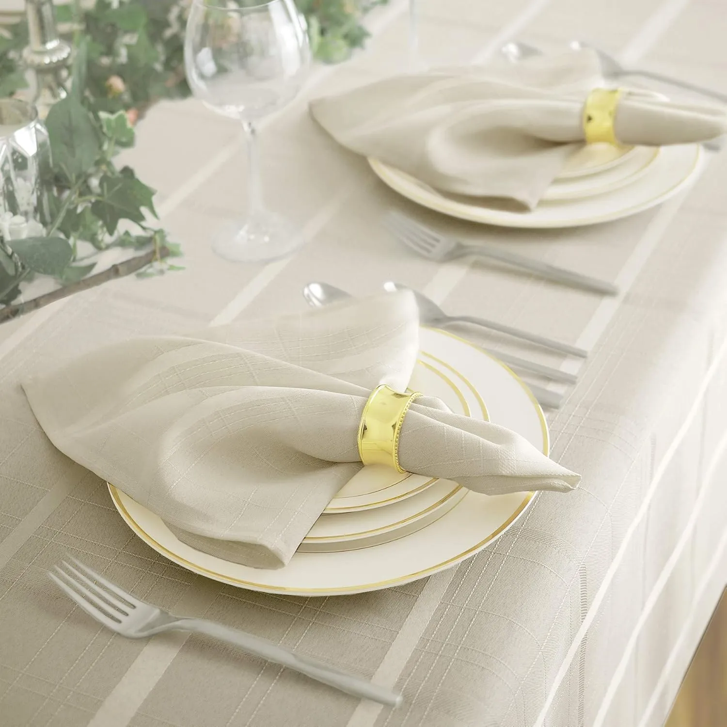 Newbridge 60 x 120 Inch Rectangle Fabric Tablecloth, Elegance Plaid, 100% Polyester, No Iron Soil Resistant Dining Room, Party and Banquet Table Cover, Solid Textured, Beige