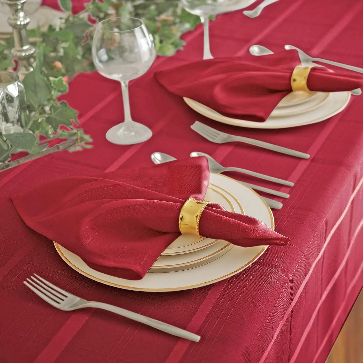 Newbridge Set of 4 Square Fabric Napkins, Elegance Plaid, 100% Polyester, No Iron Soil Resistant Dining Room, Party and Banquet Napkins, Solid Textured, Scarlet Red