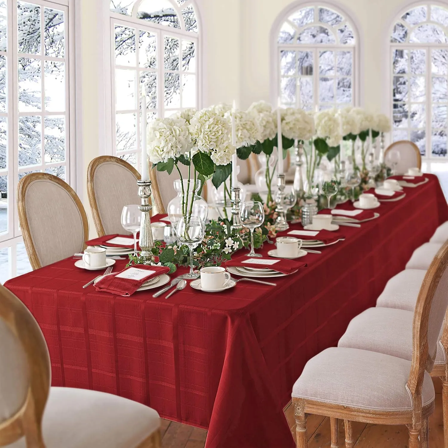 Newbridge Set of 4 Square Fabric Napkins, Elegance Plaid, 100% Polyester, No Iron Soil Resistant Dining Room, Party and Banquet Napkins, Solid Textured, Scarlet Red