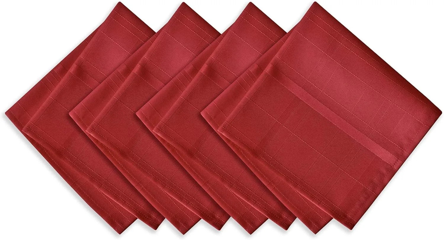 Newbridge Set of 4 Square Fabric Napkins, Elegance Plaid, 100% Polyester, No Iron Soil Resistant Dining Room, Party and Banquet Napkins, Solid Textured, Scarlet Red