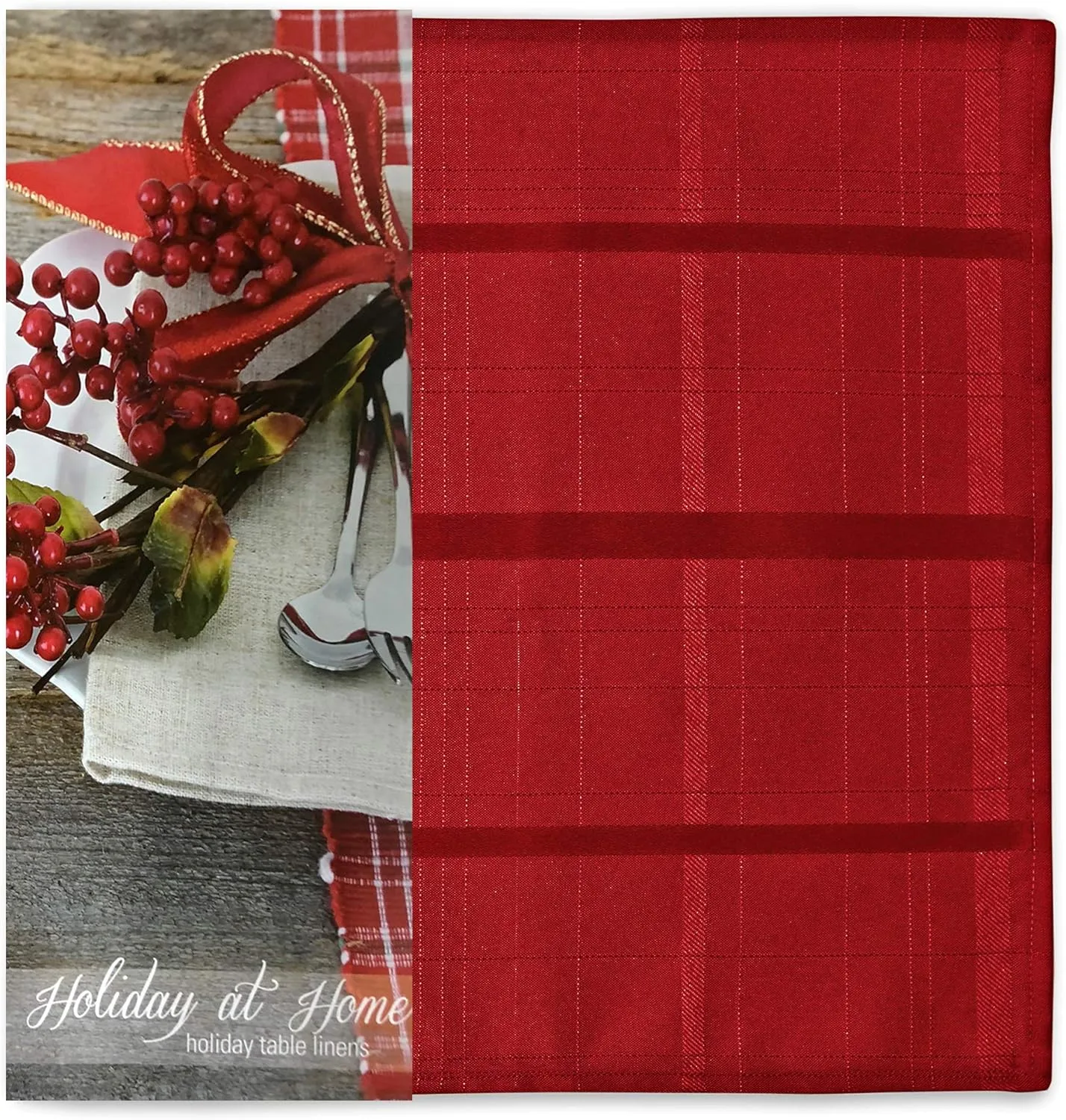 Newbridge Set of 4 Square Fabric Napkins, Elegance Plaid, 100% Polyester, No Iron Soil Resistant Dining Room, Party and Banquet Napkins, Solid Textured, Scarlet Red