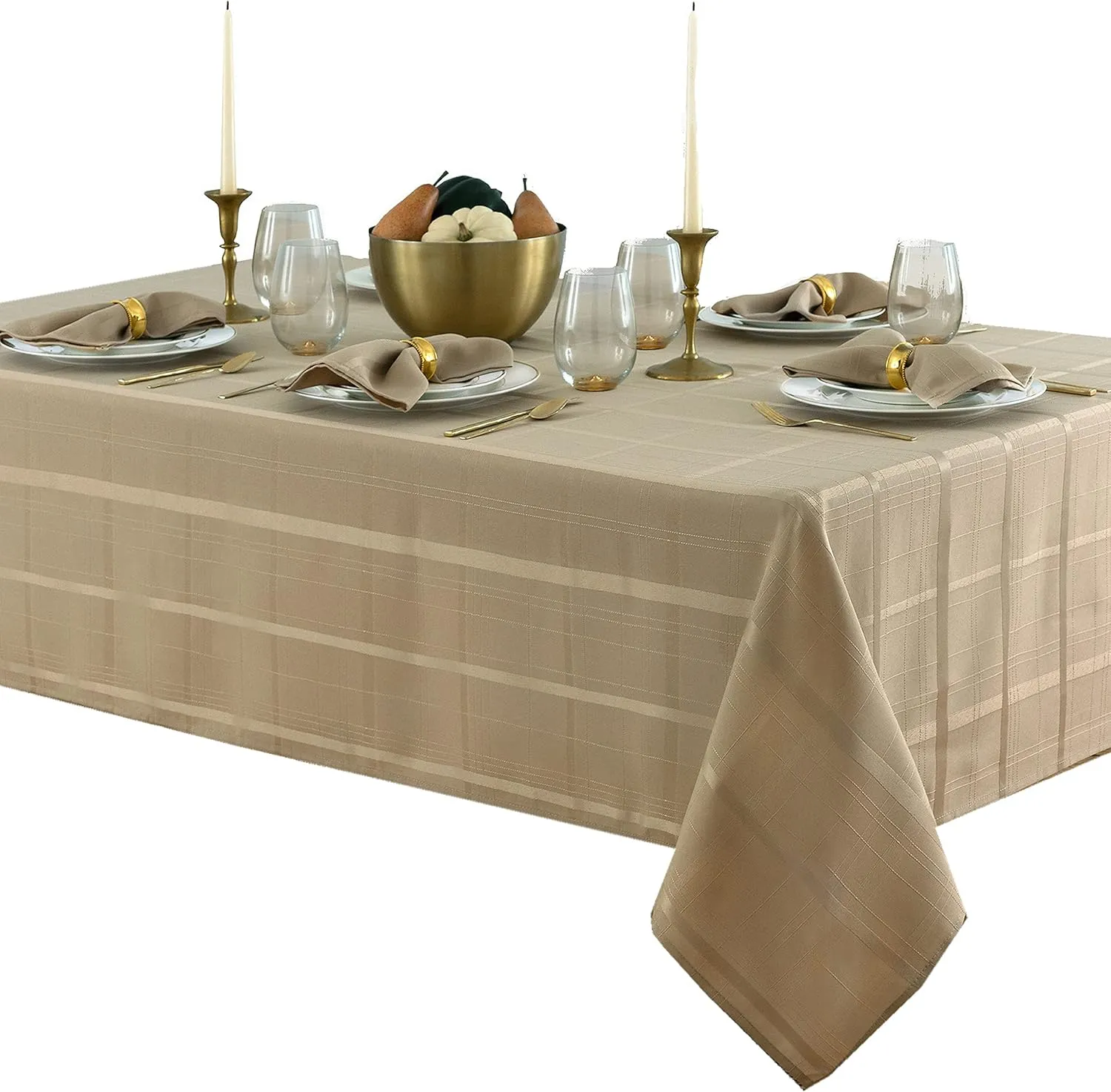 Newbridge Set of 4 Square Fabric Napkins, Elegance Plaid, 100% Polyester, No Iron Soil Resistant Dining Room, Party and Banquet Napkins, Solid Textured, Taupe