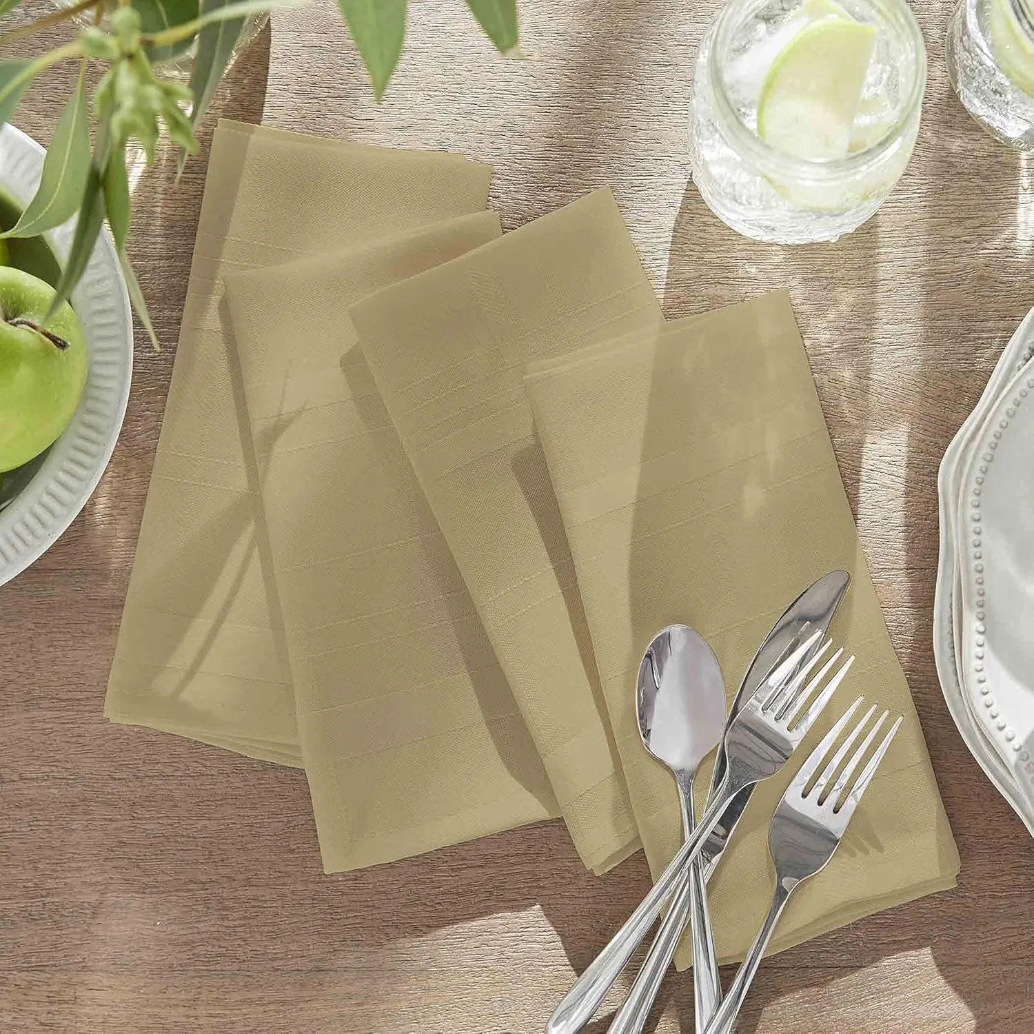 Newbridge Set of 4 Square Fabric Napkins, Elegance Plaid, 100% Polyester, No Iron Soil Resistant Dining Room, Party and Banquet Napkins, Solid Textured, Taupe