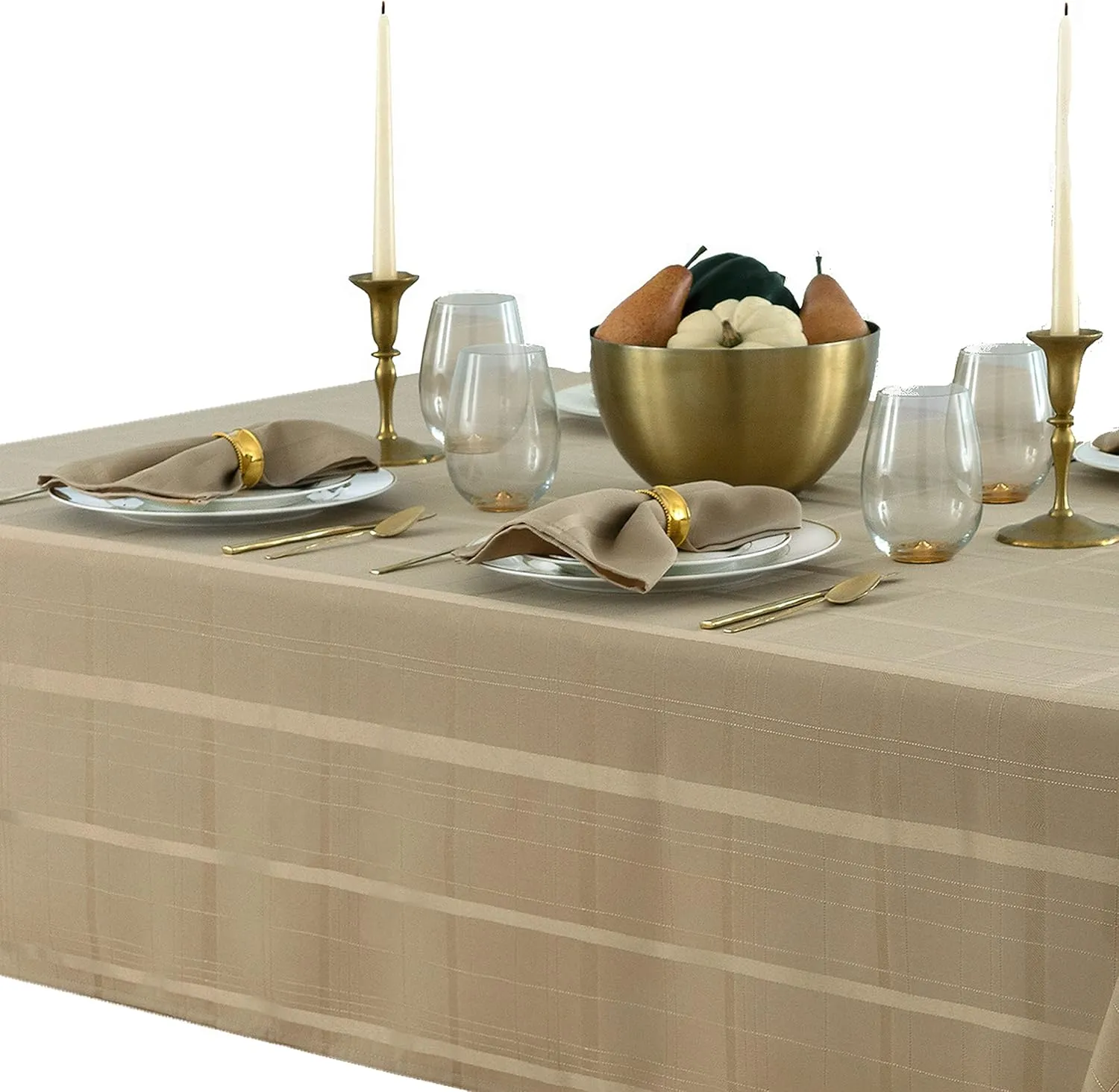 Newbridge Set of 4 Square Fabric Napkins, Elegance Plaid, 100% Polyester, No Iron Soil Resistant Dining Room, Party and Banquet Napkins, Solid Textured, Taupe