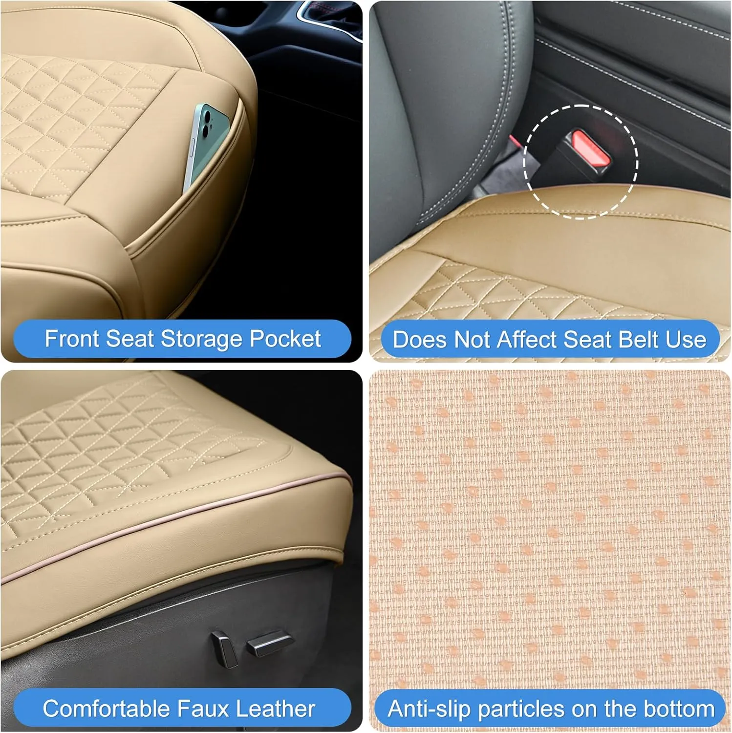 Nilight Car Seat Cushion Cover Beige Leather Front Seats Waterproof Anti-Slip with Storage Bag Wraps Bottom Fits Cars Sedan Van SUV Truck