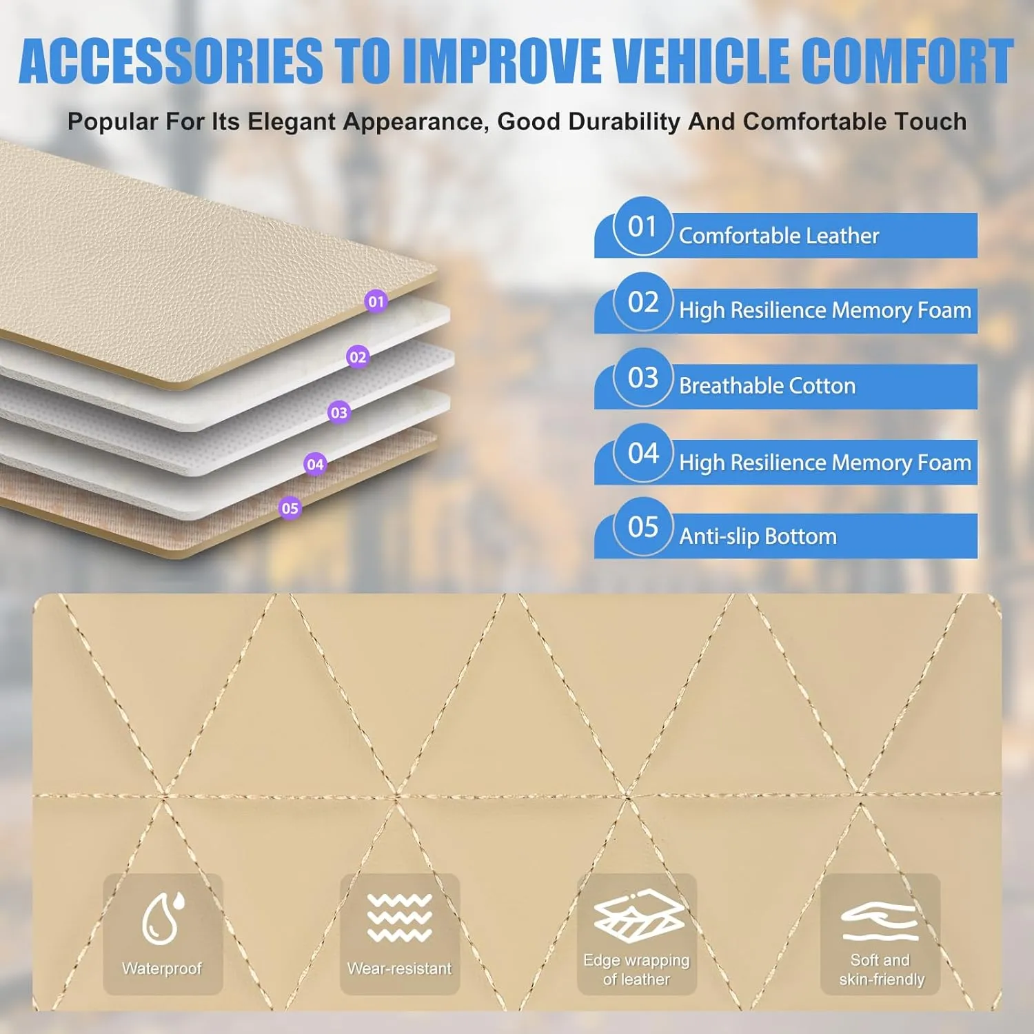 Nilight Car Seat Cushion Cover Beige Leather Front Seats Waterproof Anti-Slip with Storage Bag Wraps Bottom Fits Cars Sedan Van SUV Truck