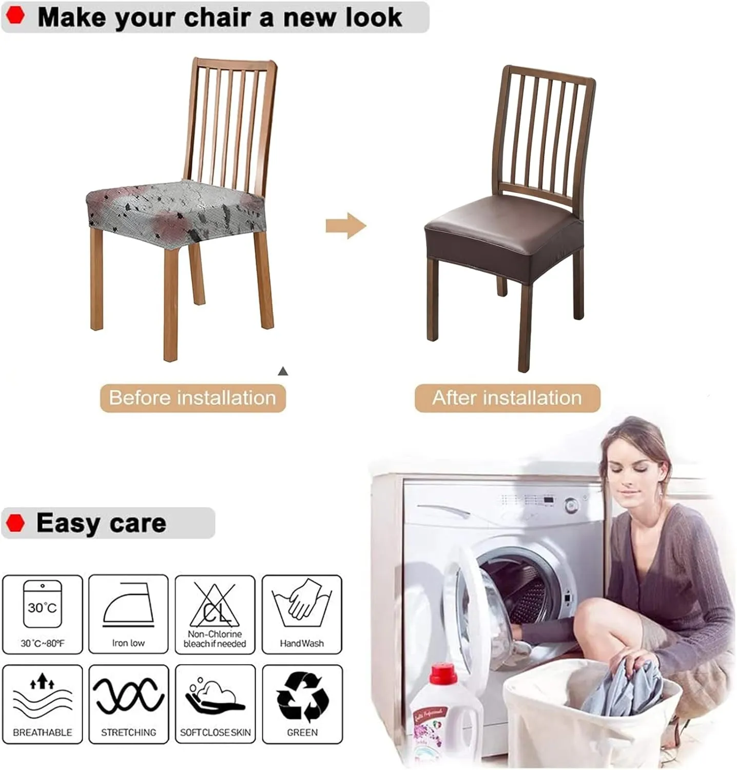 NILUOH Waterproof Seat Covers for Dining Room Chairs Set of 4, Pu Leather Chair Seat Slipcovers Dining Chair Cover Removable Washable Chair Protctor Cover, Rear Covers (PU-Coffee)