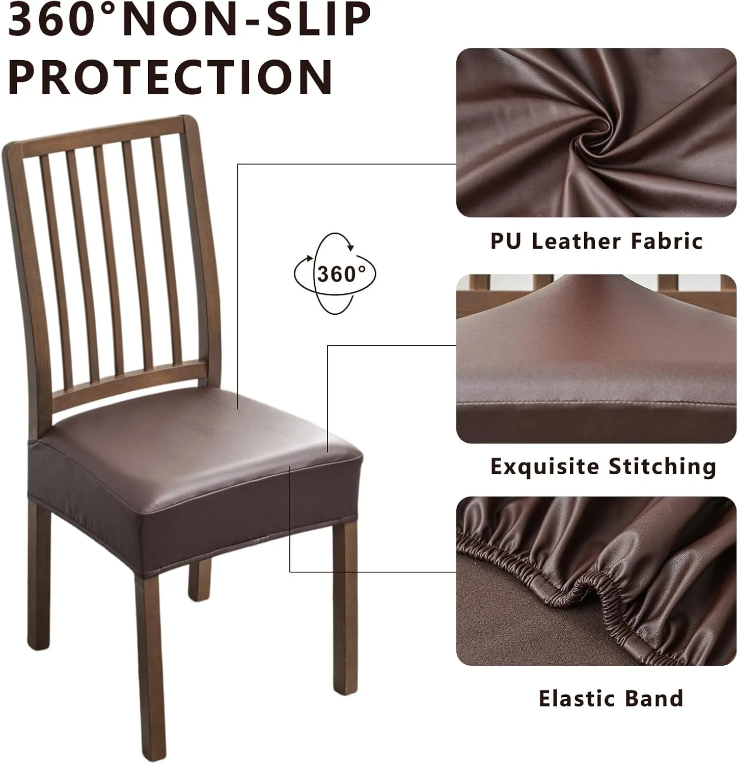 NILUOH Waterproof Seat Covers for Dining Room Chairs Set of 4, Pu Leather Chair Seat Slipcovers Dining Chair Cover Removable Washable Chair Protctor Cover, Rear Covers (PU-Coffee)