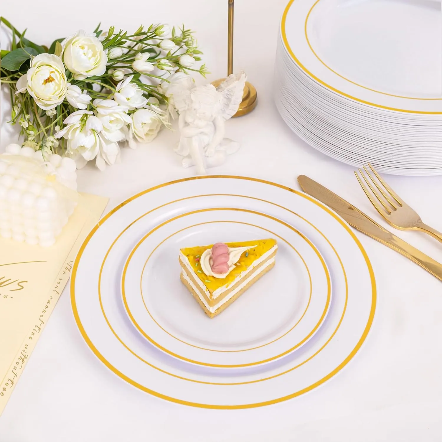 NOCCUR 200PCS Gold Plastic Plates Disposable - 100 Dinner / 100 Dessert Plates Heavy Duty - Ideal for Wedding&Party