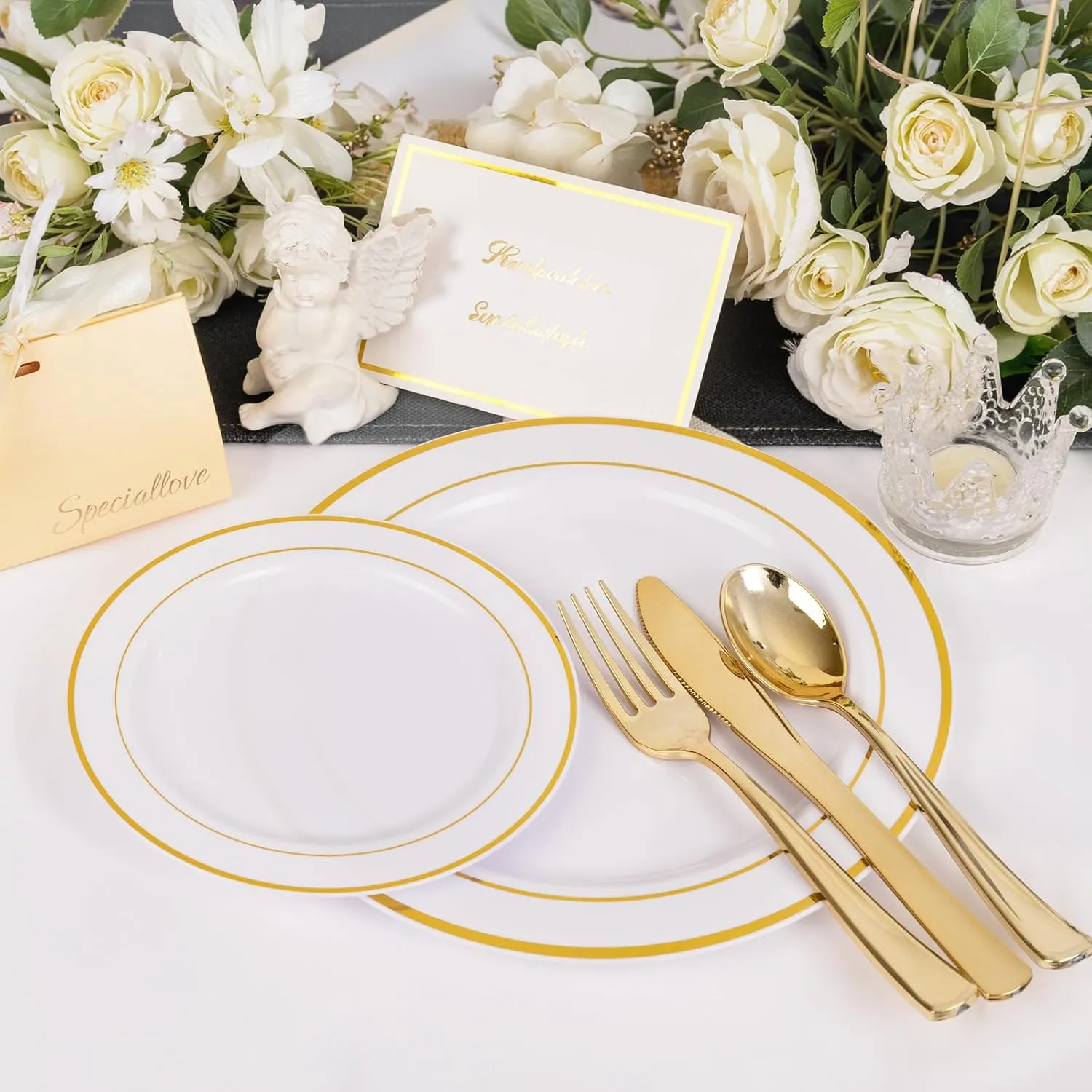 NOCCUR 200PCS Gold Plastic Plates Disposable - 100 Dinner / 100 Dessert Plates Heavy Duty - Ideal for Wedding&Party