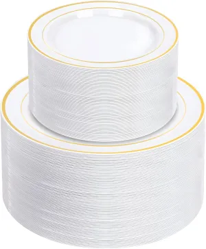 NOCCUR 200PCS Gold Plastic Plates Disposable - 100 Dinner / 100 Dessert Plates Heavy Duty - Ideal for Wedding&Party