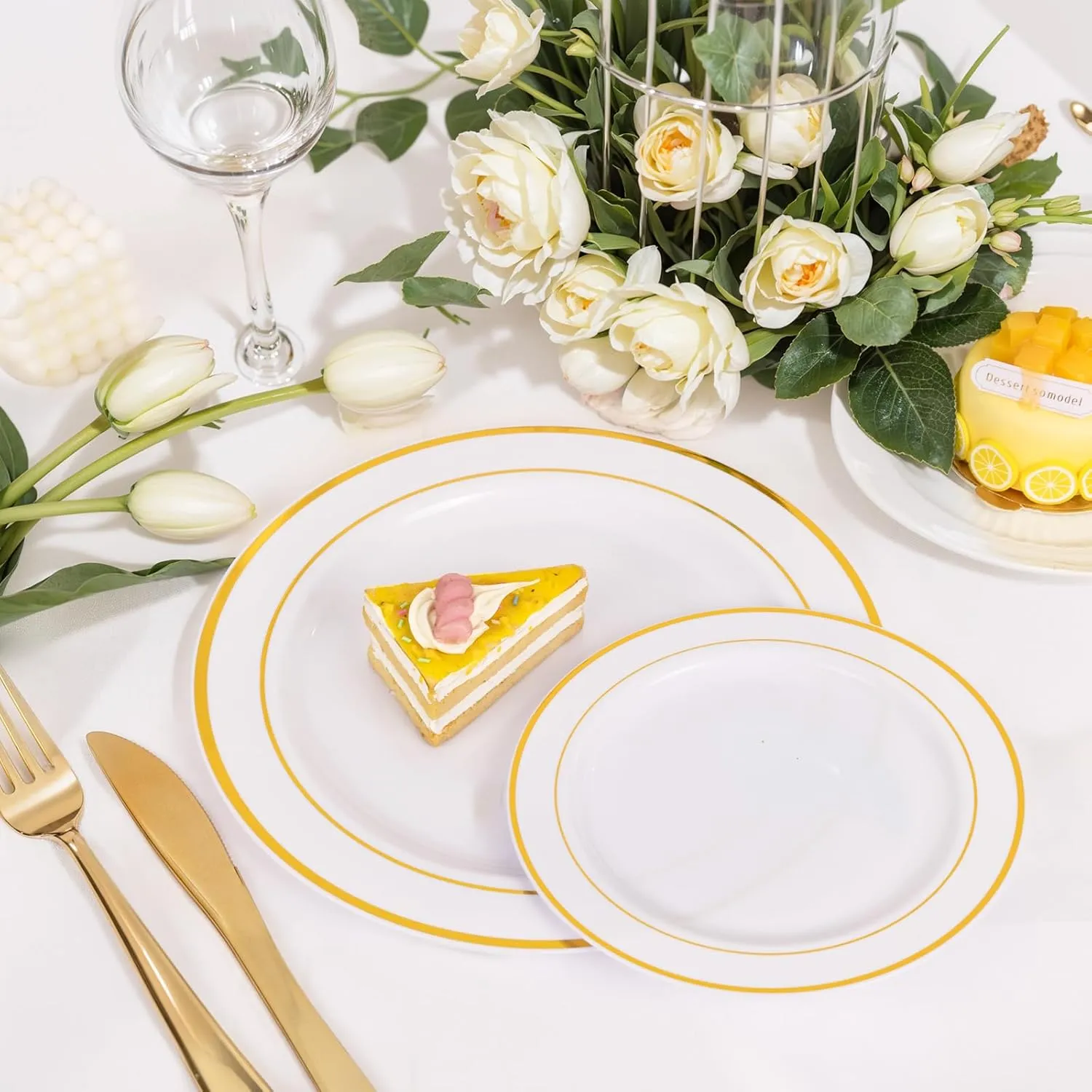 NOCCUR 200PCS Gold Plastic Plates Disposable - 100 Dinner / 100 Dessert Plates Heavy Duty - Ideal for Wedding&Party