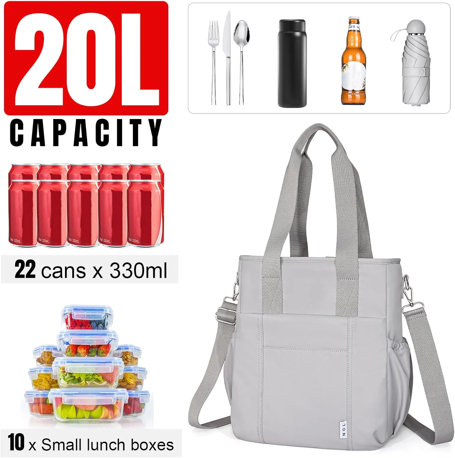 NOL Insulated Lunch Bag for Women, Large Spacious Lunch Tote Bag With Removable Adjustable Shoulder Strap with Multi Pockets, Leakproof Cooler Bag,Lightweight Nylon Waterproof Lunch Box For Work,Gray