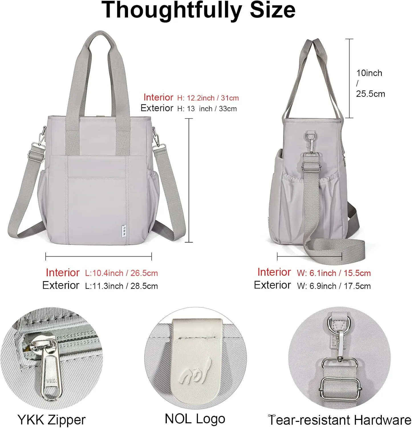 NOL Insulated Lunch Bag for Women, Large Spacious Lunch Tote Bag With Removable Adjustable Shoulder Strap with Multi Pockets, Leakproof Cooler Bag,Lightweight Nylon Waterproof Lunch Box For Work,Gray
